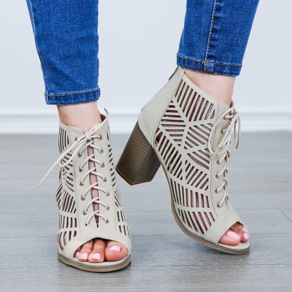 Open Toe Laced Up Spring Cut Out Ankle Booties - Picture 2 of 11